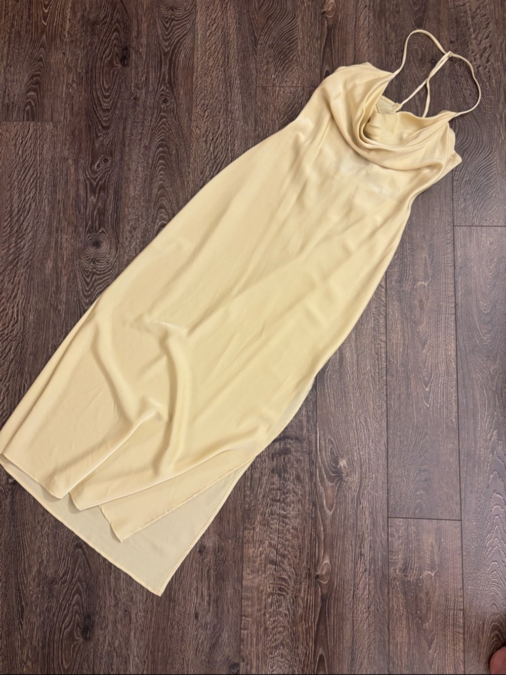 Light Yellow Satin Cowl Neck Maxi Slip Dress